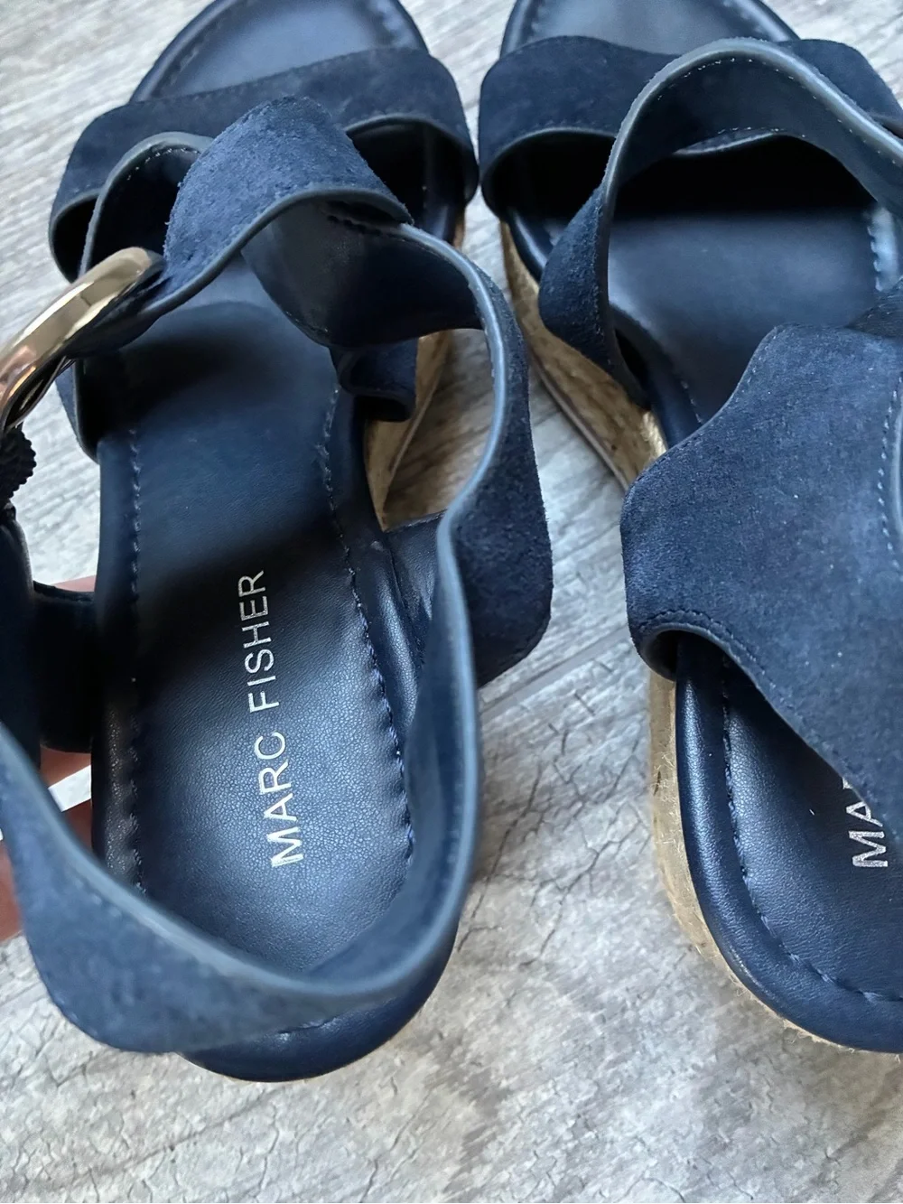 Marc Fisher Navy Suede Espadrille Wedge Sandals with Buckle